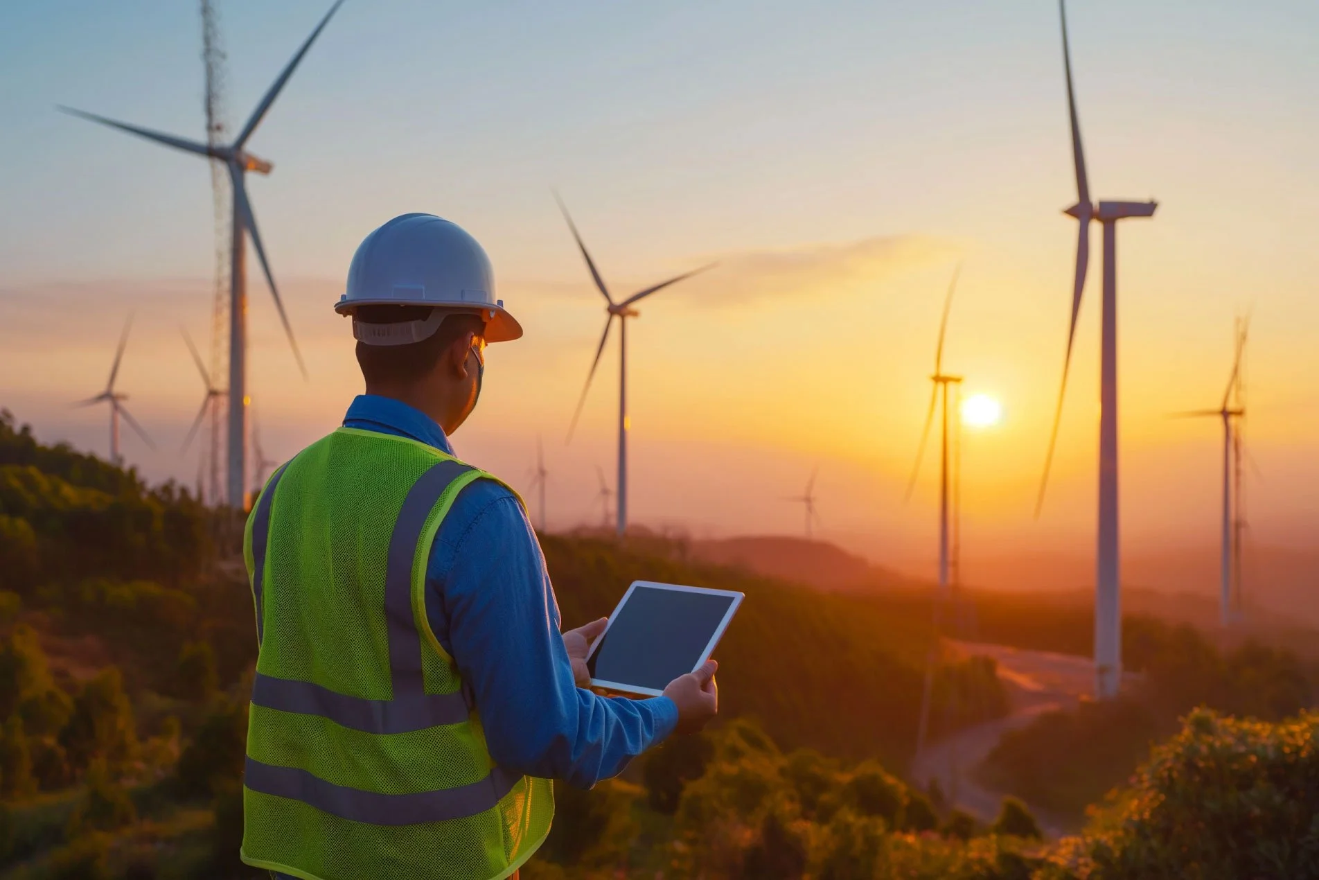 Environmental manager looking at wind turbines