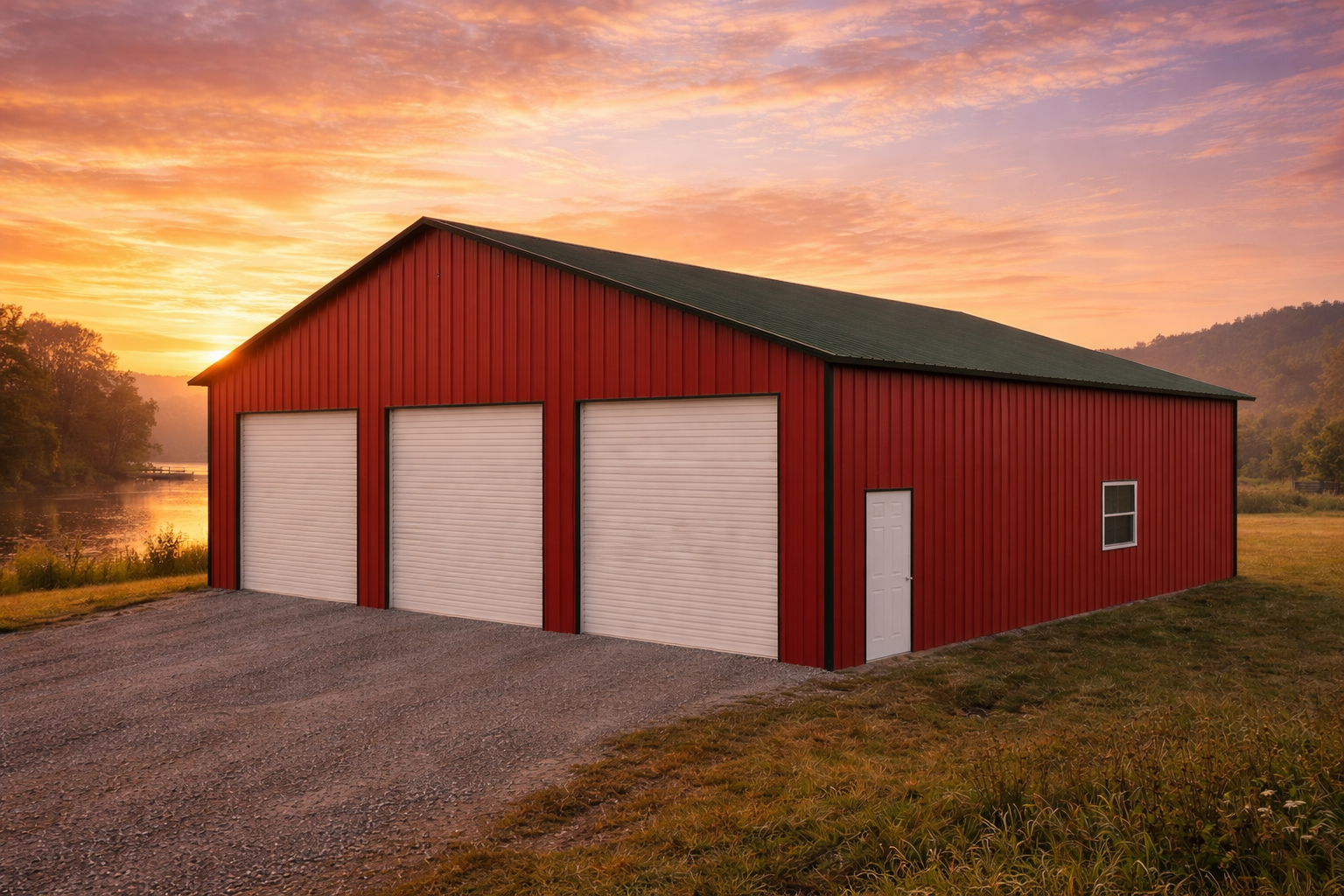 Red barn with three white garage doors, small white side door, and one window on side, situated on a gravel driveway near a body of water, with trees and hills in the background during sunset.