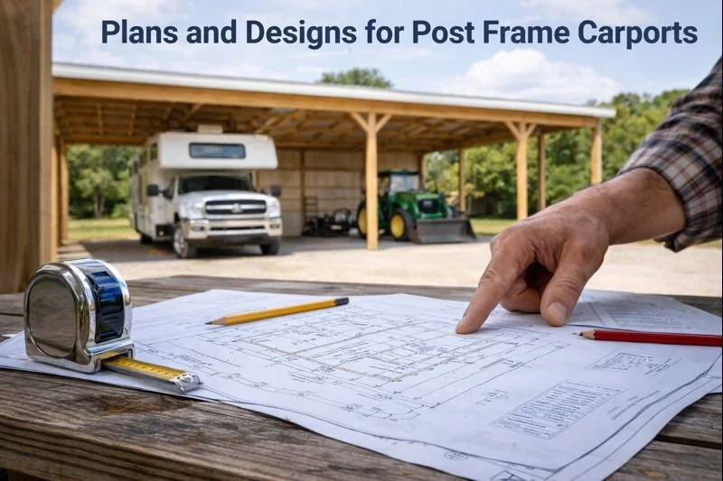 Blueprints on a wooden table with a measuring tape, pencil, and red pen, in front of a post frame carport with a recreational vehicle and a green tractor parked inside, and trees in the background.