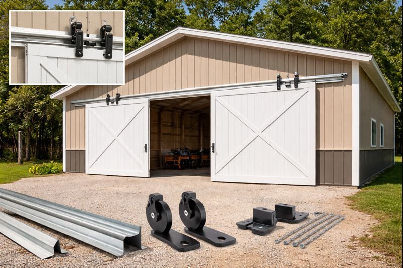 Assembly components for a sliding barn door, including metal tracks, rollers, brackets, and screws, in front of a large beige and white shed with open sliding doors.