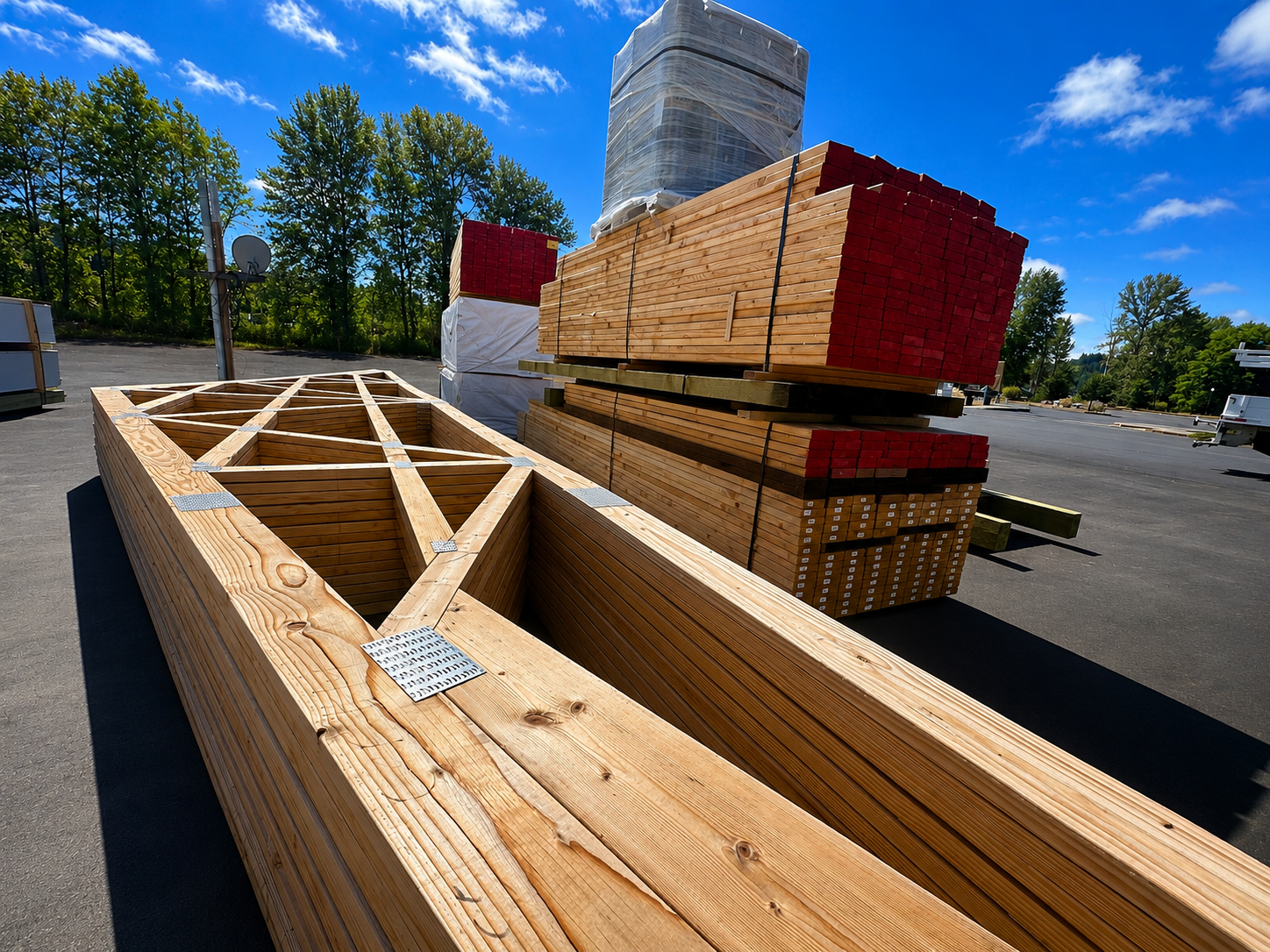 Stacked framing lumber and materials that make up a pole barn kit
