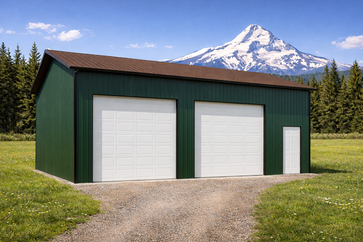 A green metal garage with two large white doors and a smaller side door, situated in a grassy field with yellow flowers, with a forest and a snow-capped mountain in the background.
