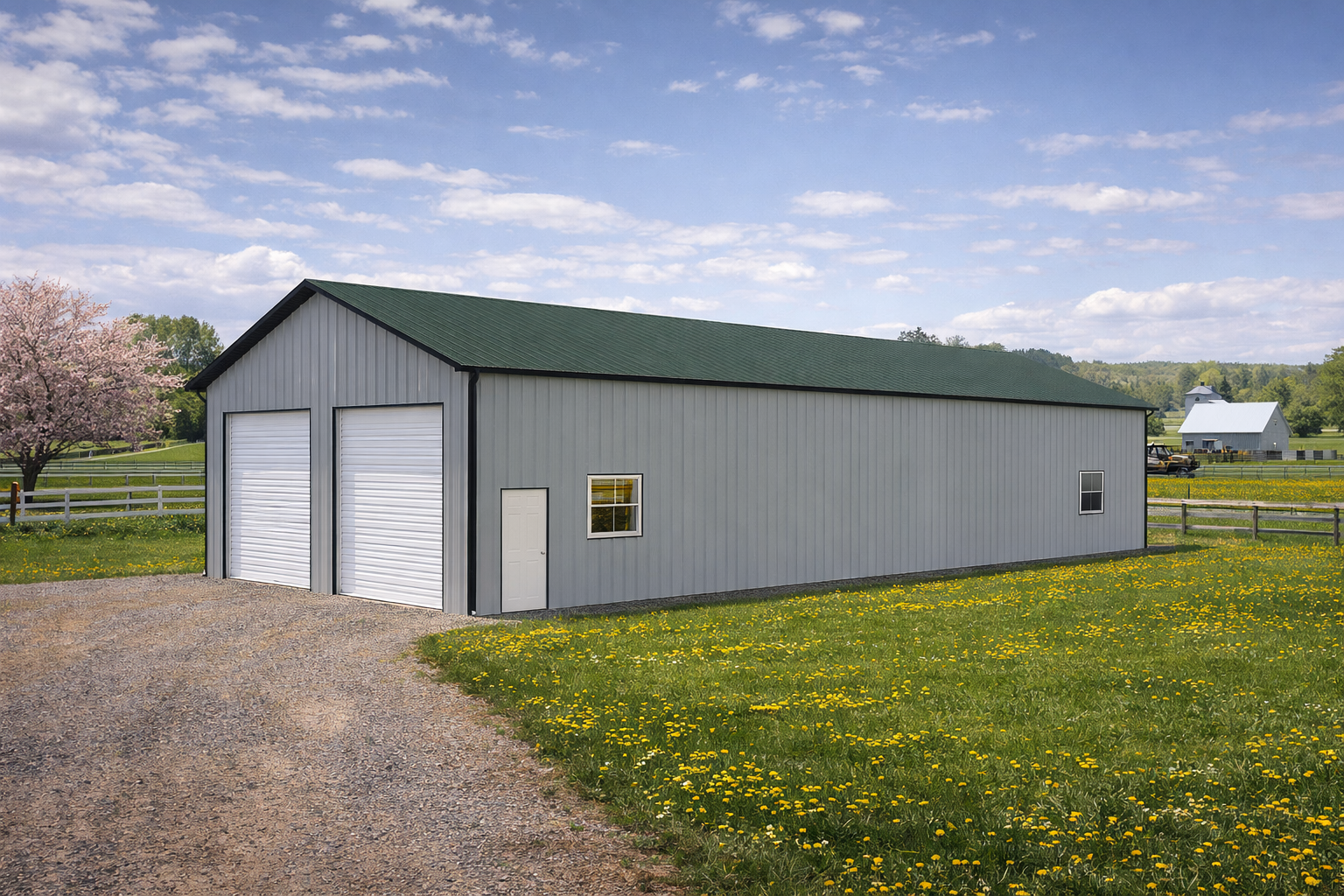 A large, gray metal barn with two white roll-up doors and a small door in between, surrounded by a field of yellow dandelions and a gravel driveway, under a partly cloudy sky with a tree in blossom and a white fence in the background.