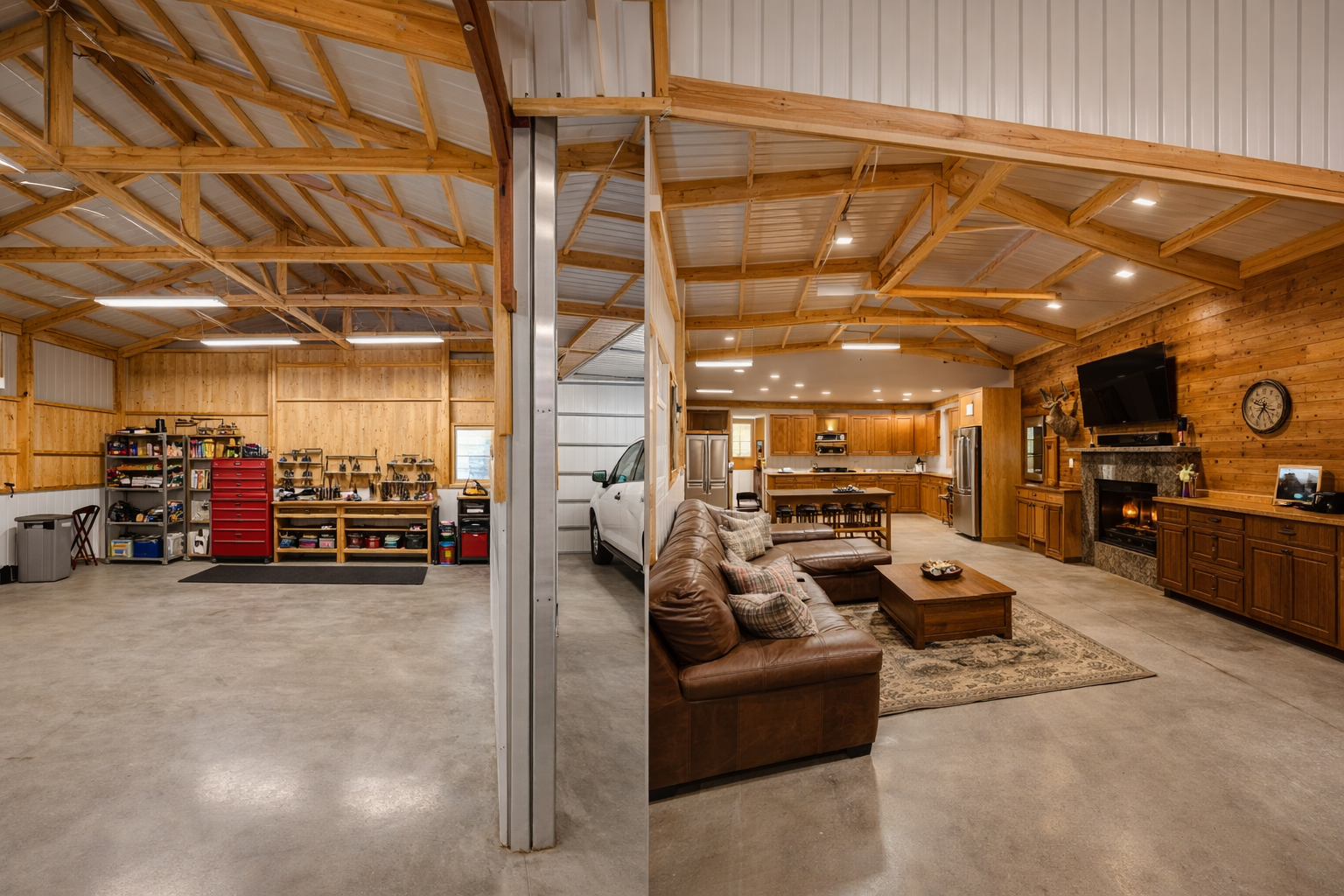 Interior of a spacious garage converted into a living space, with wooden walls and ceiling beams. The left side shows a cluttered area with shelves, tools, and storage containers, while the right side features a cozy living room with a leather sofa, a coffee table, a fireplace, and a mounted TV. The space is well-lit with recessed lighting.