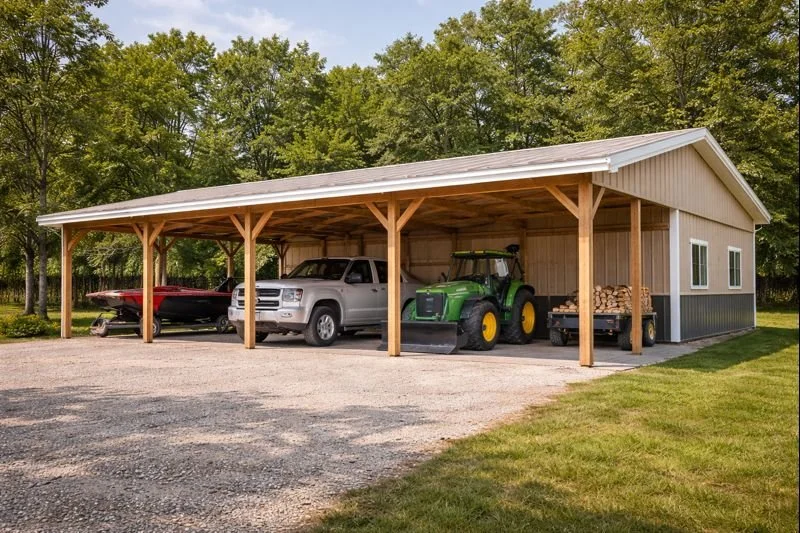 A large outdoor carport with a gravel driveway, housing a boat on a trailer, a silver pickup truck, a green tractor, and a trailer with logs, with a grassy area and trees in the background.