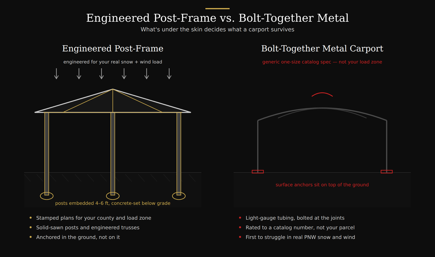 Cross-section comparing an engineered post-frame carport to a bolt-together metal carport