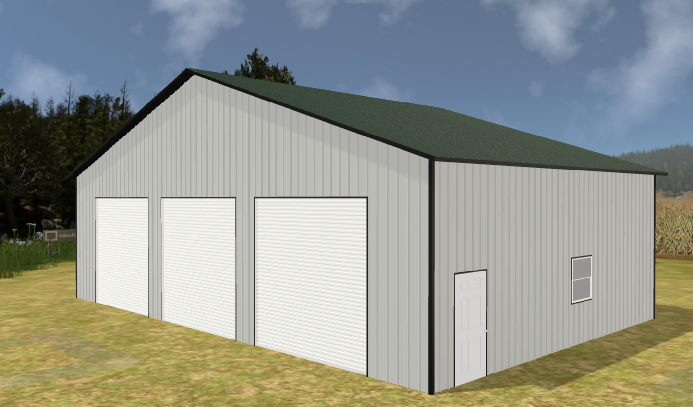 A large metal shed with three white roll-up garage doors, a small exterior door, and a window, situated on a grassy area with trees and a blue sky in the background.