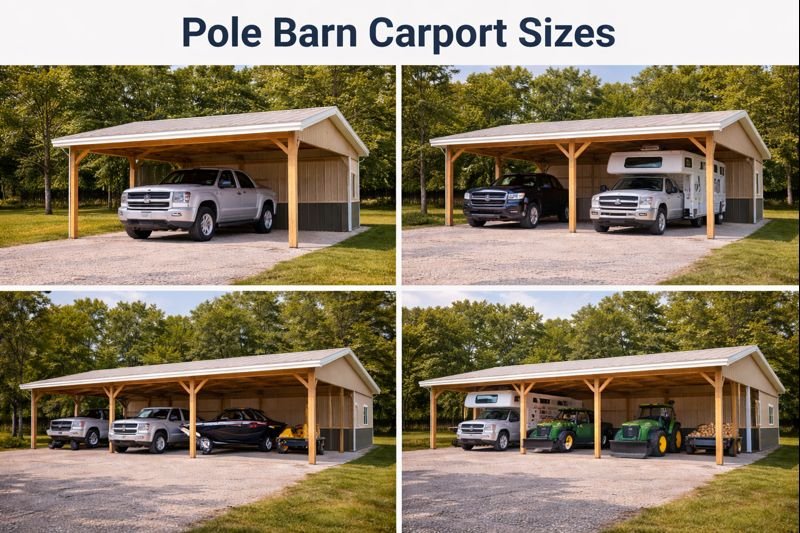A collage showing four different sizes of pole barn carports, each with a vehicle parked underneath, ranging from a small carport to a large one for RVs and farm equipment.