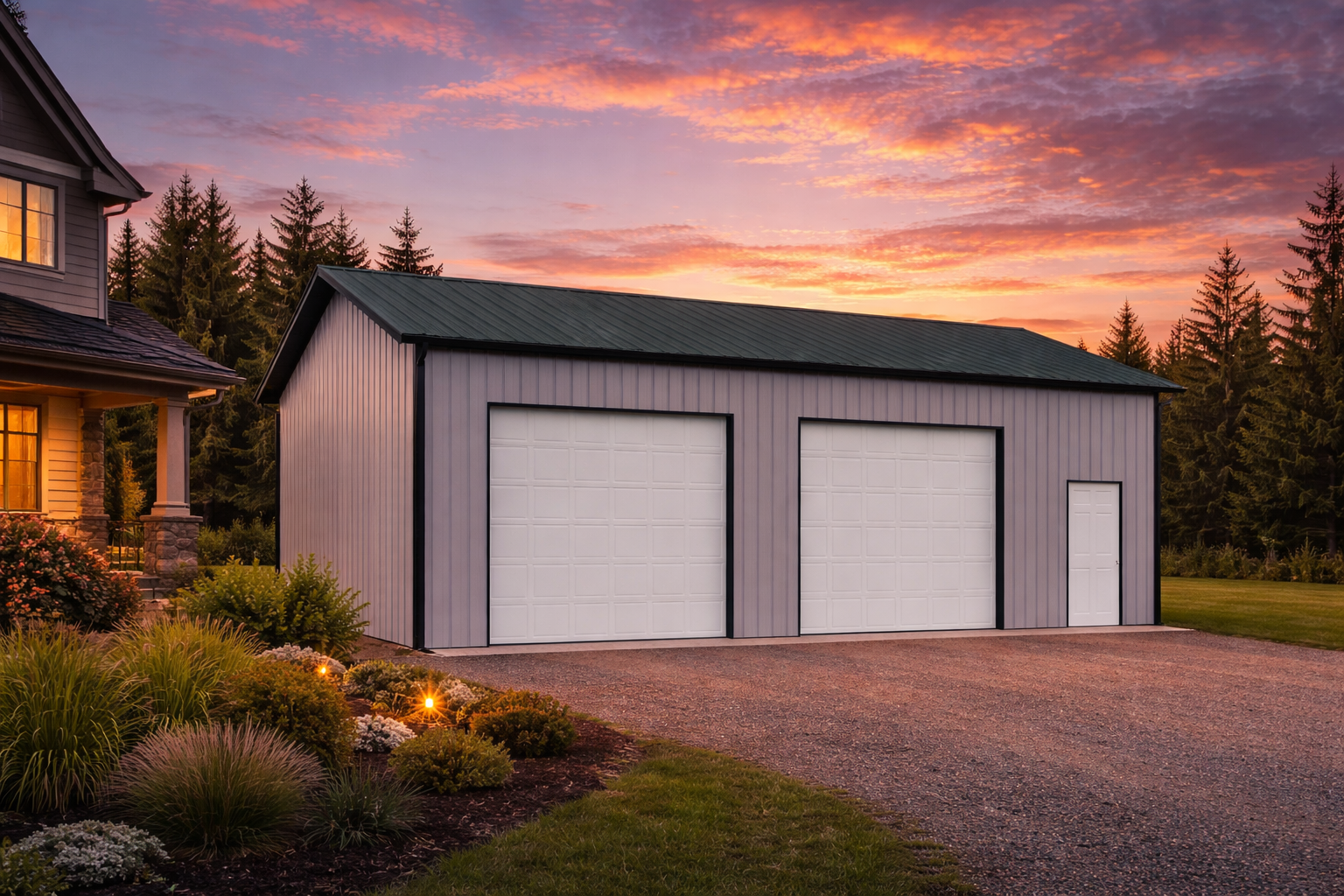 A large metal garage with two white doors and a small white door in the evening at sunset, next to a house with a porch and lit windows. The sky has vibrant pink, orange, and purple clouds, and there are trees in the background. A landscaped garden with plants and flowers is in the foreground.