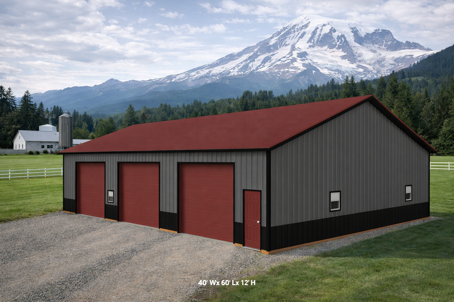 40x60x12 Pole Barn Kit W/ Garage Doors Included