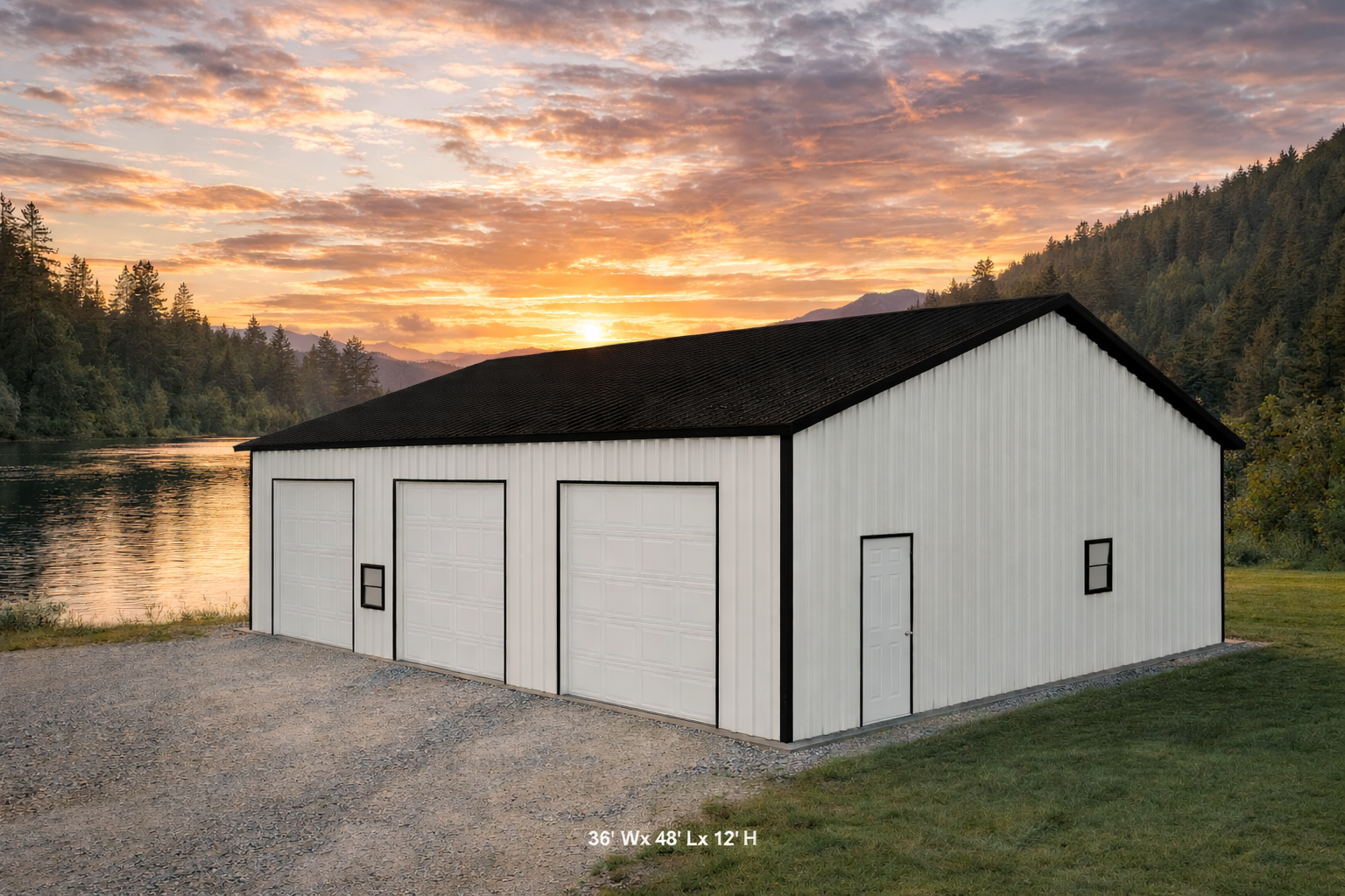 36x48x12 Pole Barn Kit W/ Garage Doors Included