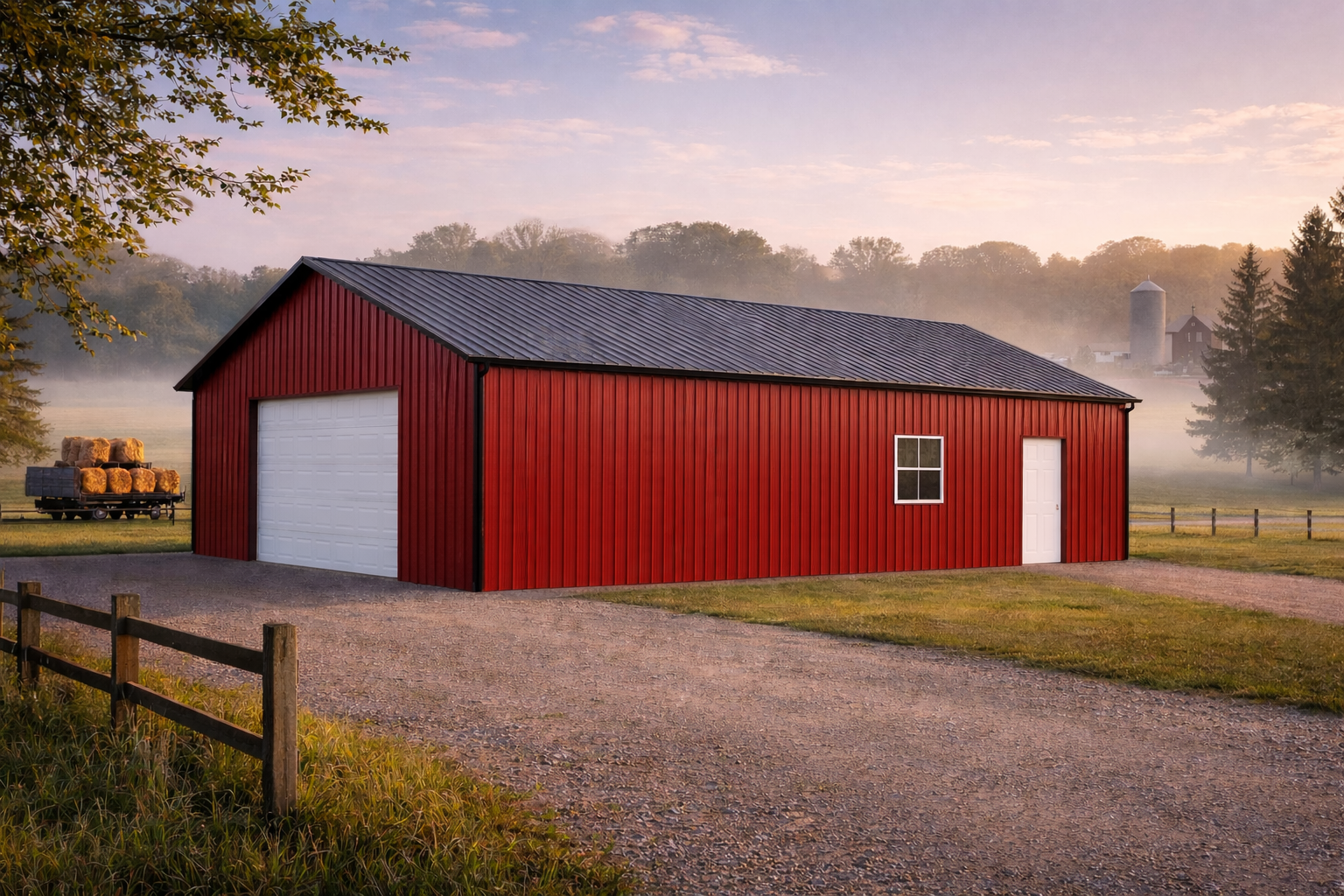 Red barn with white garage door and small window on a farm surrounded by grass, trees, and a dirt driveway, with a misty background and a silo in the distance.