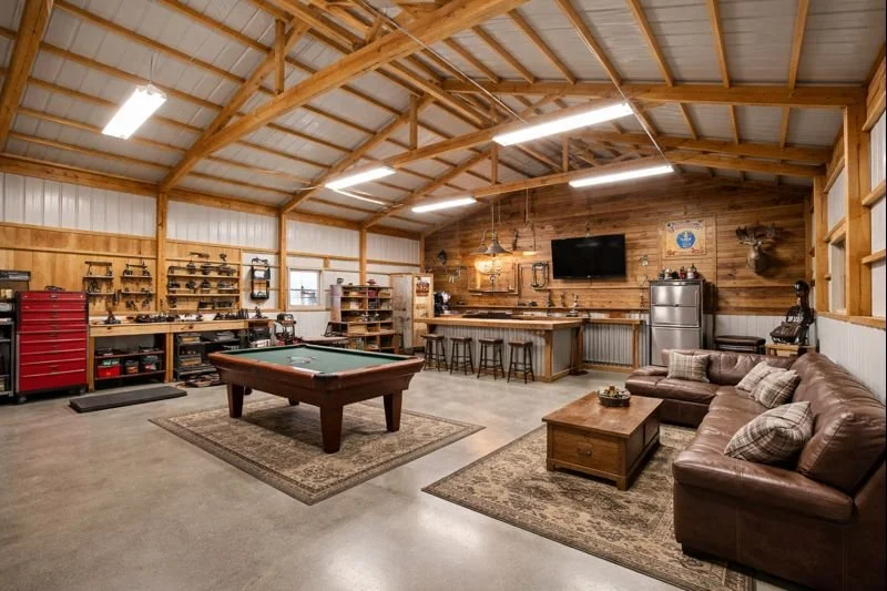 A spacious man cave with wooden walls and ceiling, featuring a pool table on a rug, a brown leather sectional sofa with pillows, a wooden coffee table, a bar area with stools, a mounted television, a deer head on the wall, and various tools and decor along the shelves and walls.