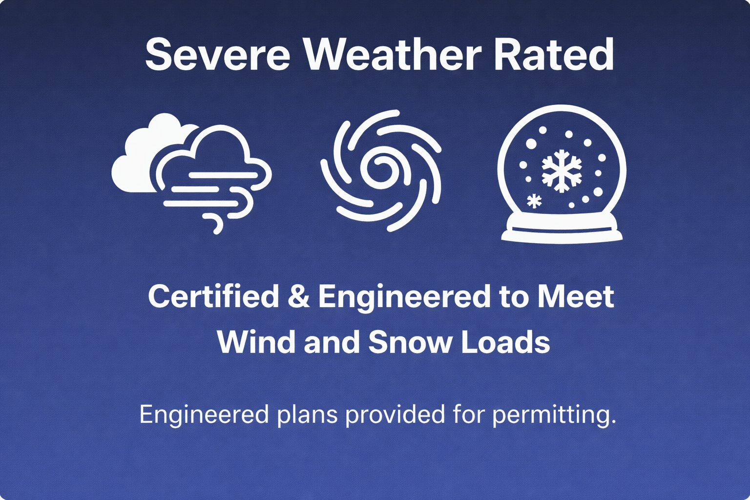 Green and white text on blue background with icons. Text reads "Severe Weather Rated" and "Certified & Engineered to Meet Wind and Snow Loads", with icons of clouds with wind, a cyclone, and a snow globe.