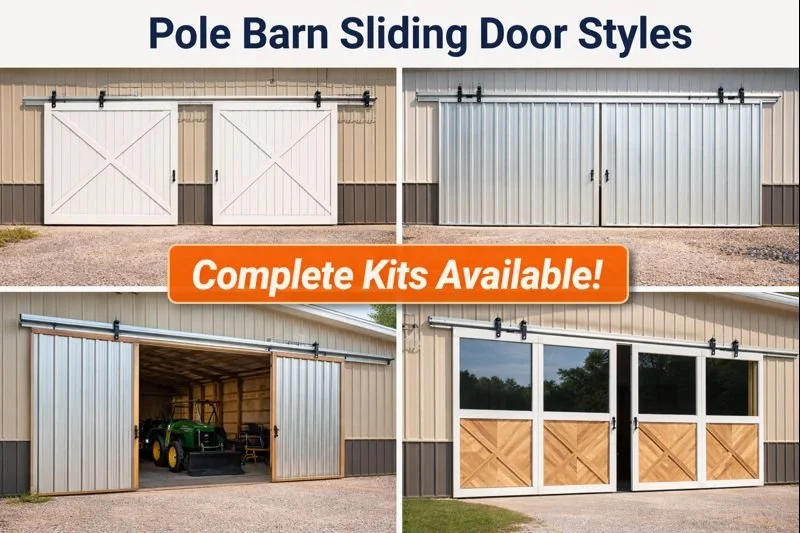 Compilation of four different pole barn sliding door styles with a banner in the center that says 'Complete Kits Available!'.