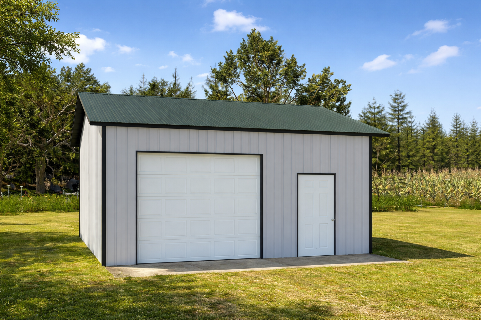A small white metal shed with a green metal roof, a large garage door, and a side door, situated on a grassy lawn with trees and a field in the background under a blue sky with a few clouds.