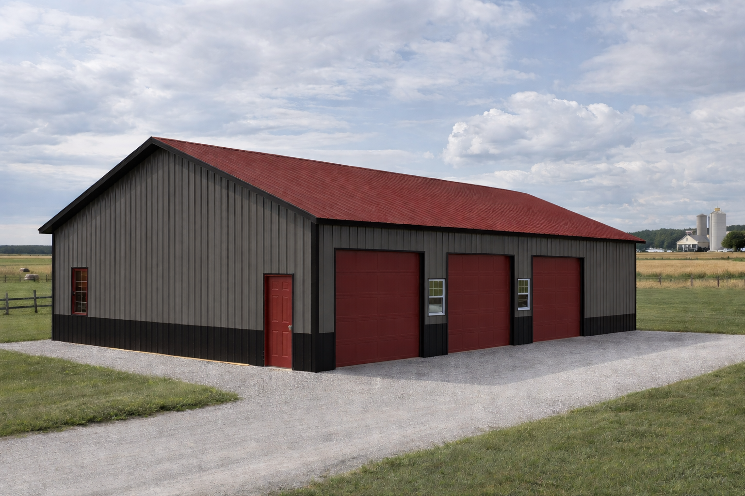 48x60x12 Pole Barn Kit W/ Garage Doors Included