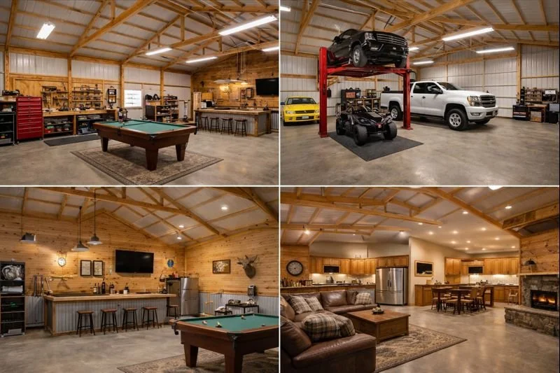 Interior of a spacious garage with a pool table, tool storage, and recreational area. An automotive lift with cars and a mini bike, and a wood-paneled lounge with a TV, bar, and sitting area.