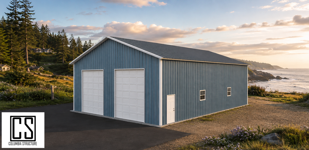 40 by 60 by 16 foot pole barn kit render by Columbia Structure