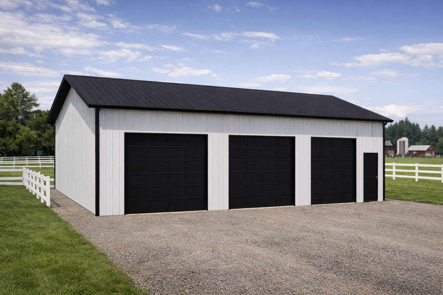 A modern white metal barn with three large black garage doors and a black side door, situated on a gravel driveway with green grass and white fencing, on a sunny day with blue sky and scattered clouds.