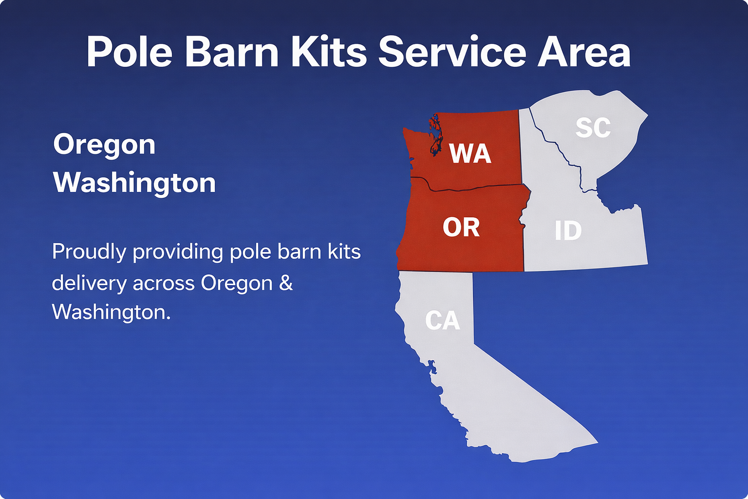 Map displaying Oregon and Washington states in red, with California, Idaho, and South Carolina in white. Text indicates pole barn kits service area for Oregon and Washington, with a title "Pole Barn Kits Service Area" and supporting text about delivery across Oregon and Washington.