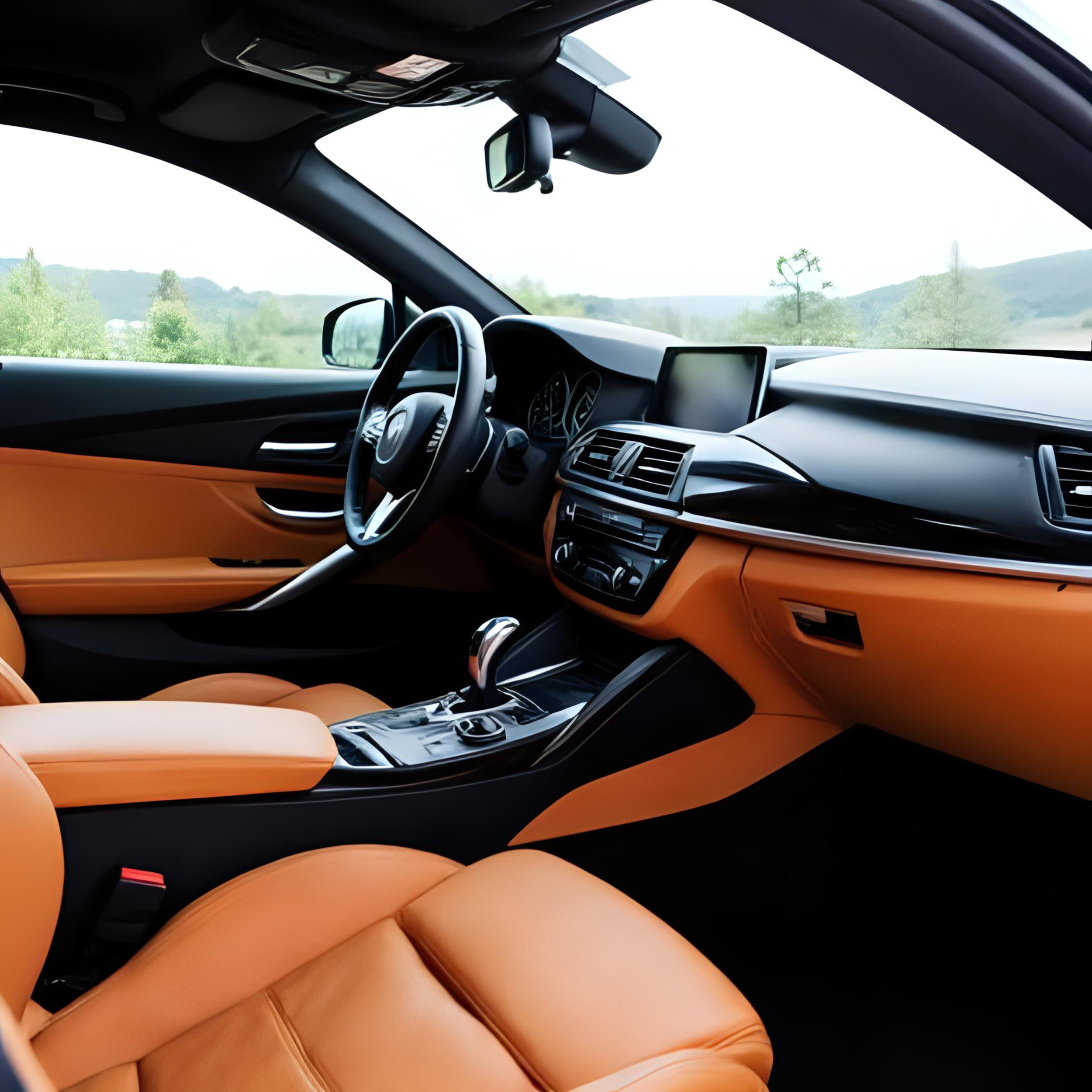 Interior view of a modern car with orange leather seats, black dashboard, and steering wheel, with a scenic landscape visible through the windshield.