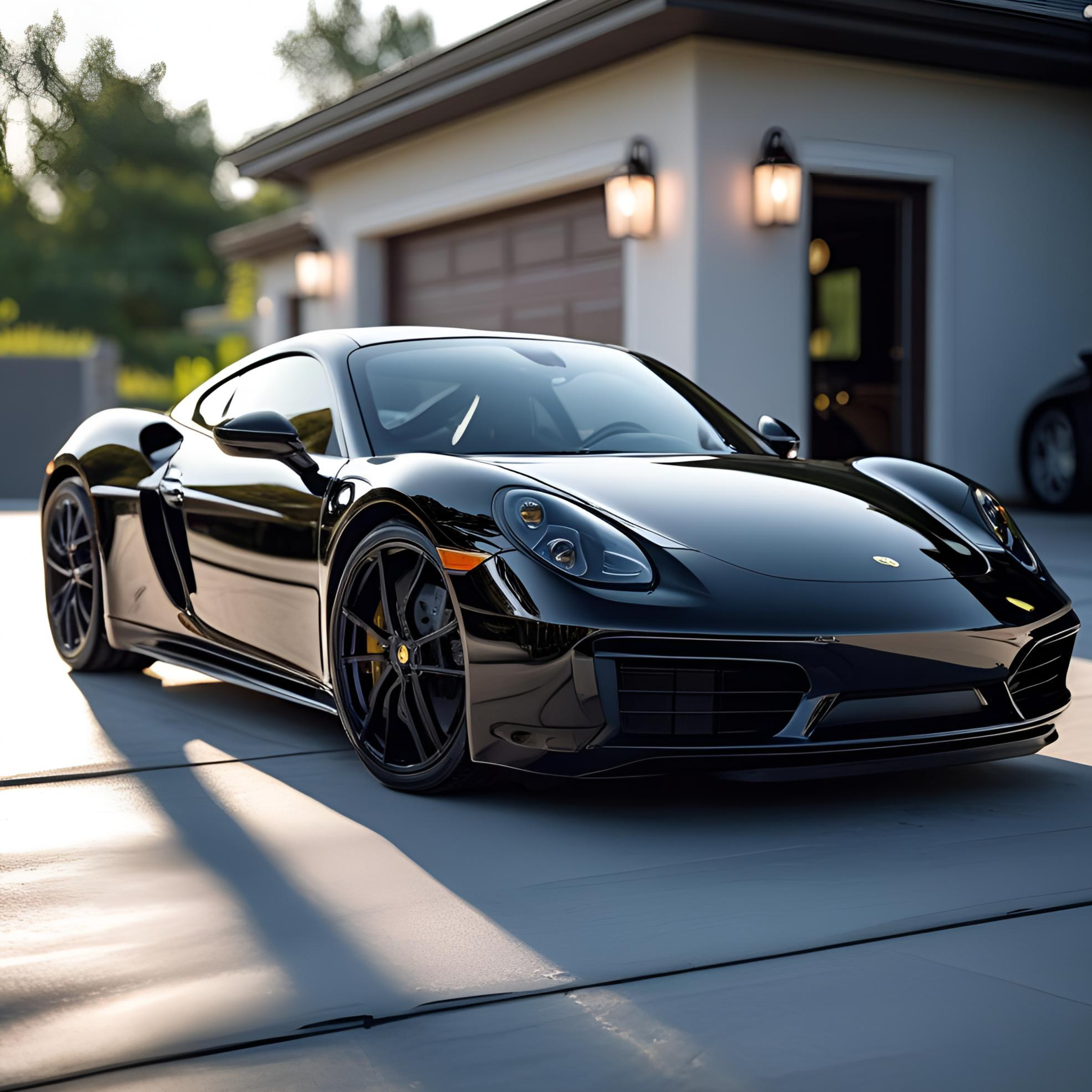 Black sports car parked in driveway in front of a garage, with a house in the background.