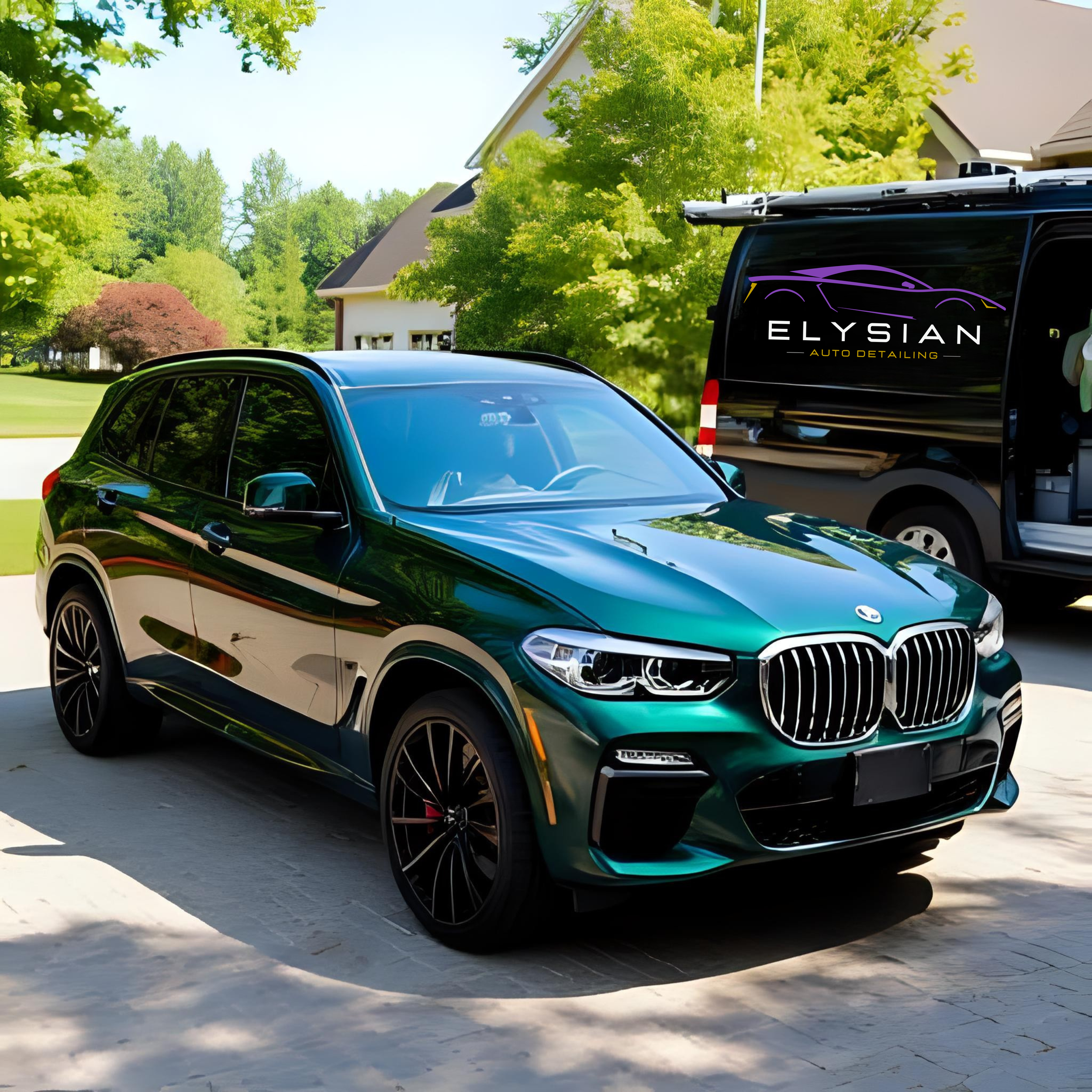 A sleek green BMW SUV parked on a driveway, with a black van that has a logo for Elysian Auto Detailing behind it, in a suburban neighborhood with trees and a white house in the background.