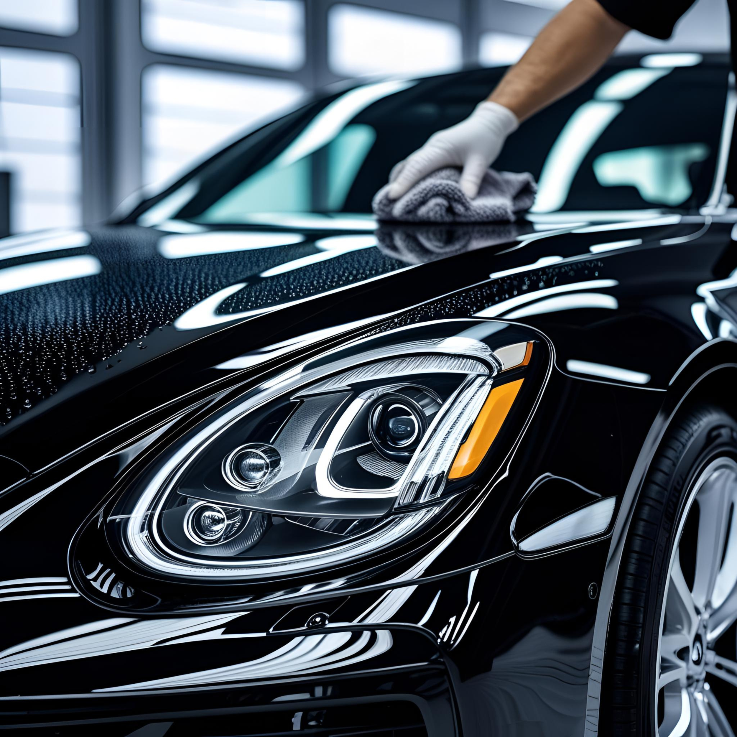 A person cleaning a shiny black car with a cloth inside a well-lit garage.