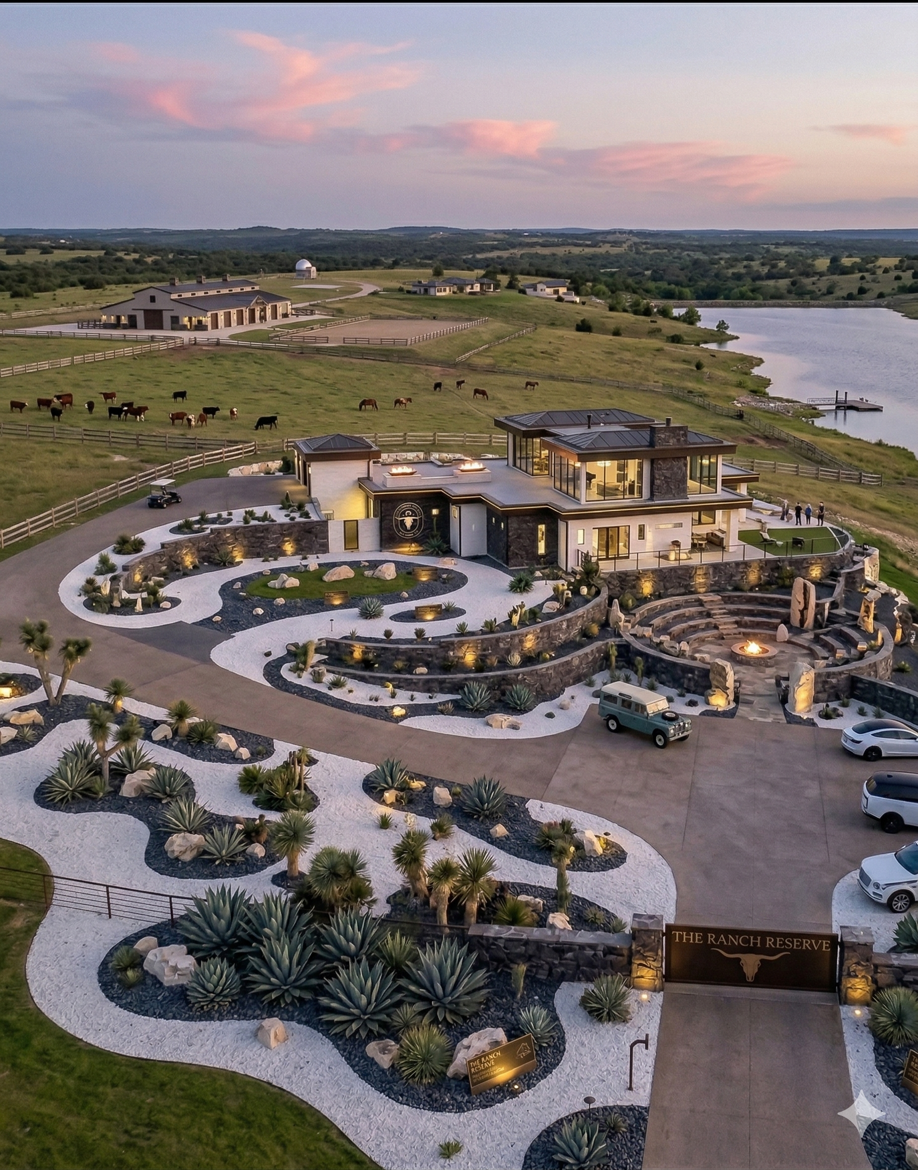 Luxury modern house with a landscaped yard featuring desert plants, surrounded by a rural landscape with cows grazing, a pond, and a sunset sky in the background.
