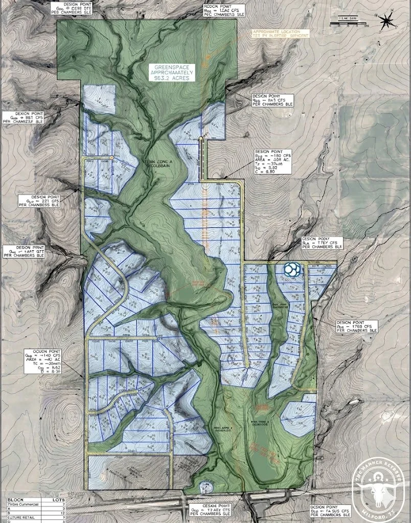 A detailed topographical map of a land development project with designated zones, including greenspace, roads, and various specified points of interest marked with labels and contour lines.