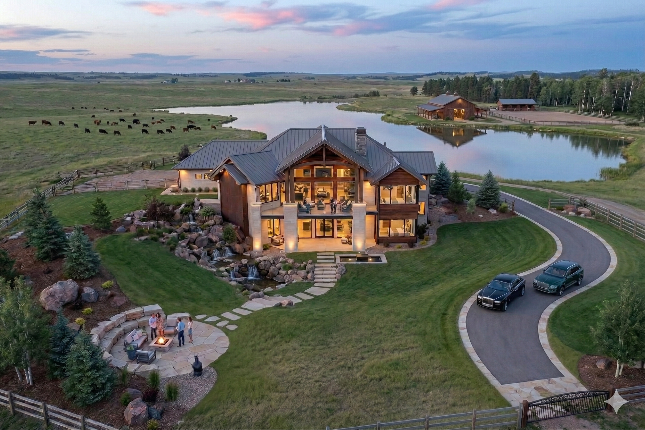 An aerial view of a large, modern house with a lakeside setting; the house is lit up at dusk, featuring extensive glass windows, a small water fountain at the front, a stone pathway, a curved driveway with two cars, and a group of people sitting around a fire pit in the yard. There is a lake with a few additional buildings and a field of cows in the background.