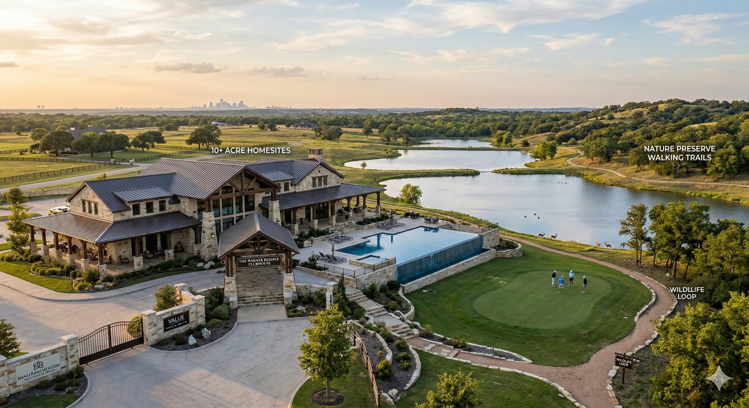 Aerial view of a luxury property featuring a clubhouse with a pool, surrounded by greenery, ponds, walking trails, and a golf putting green with people playing, with a city skyline in the background.