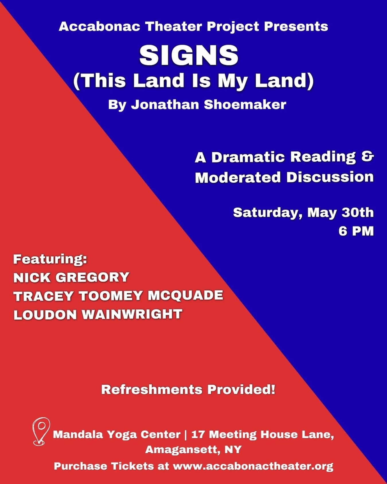 Join us for a staged reading of SIGNS (This Land Is My Land) by Jonathan Shoemaker! 

Saturday, May 30th &bull; 6 PM
Tickets in bio.