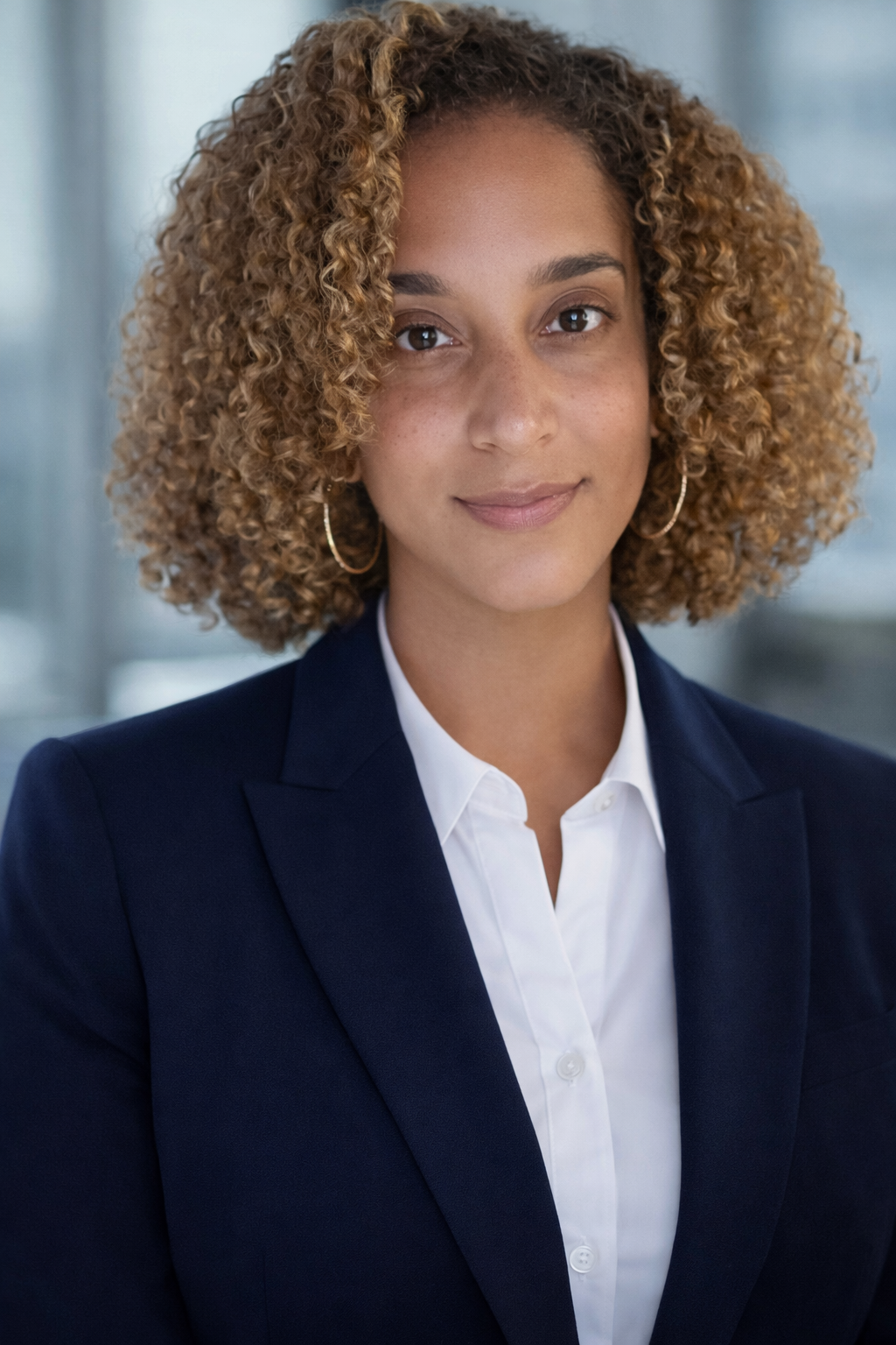 A professional woman with curly hair and hoop earrings, wearing a navy blazer and white shirt, looking confidently at the camera in an indoor setting.