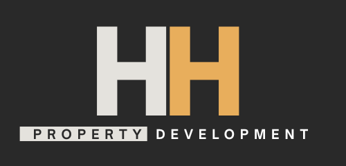 Logo with stylized letter 'H', one in white and one in gold, and the words 'PROPERTY DEVELOPMENT' underneath on a black background.