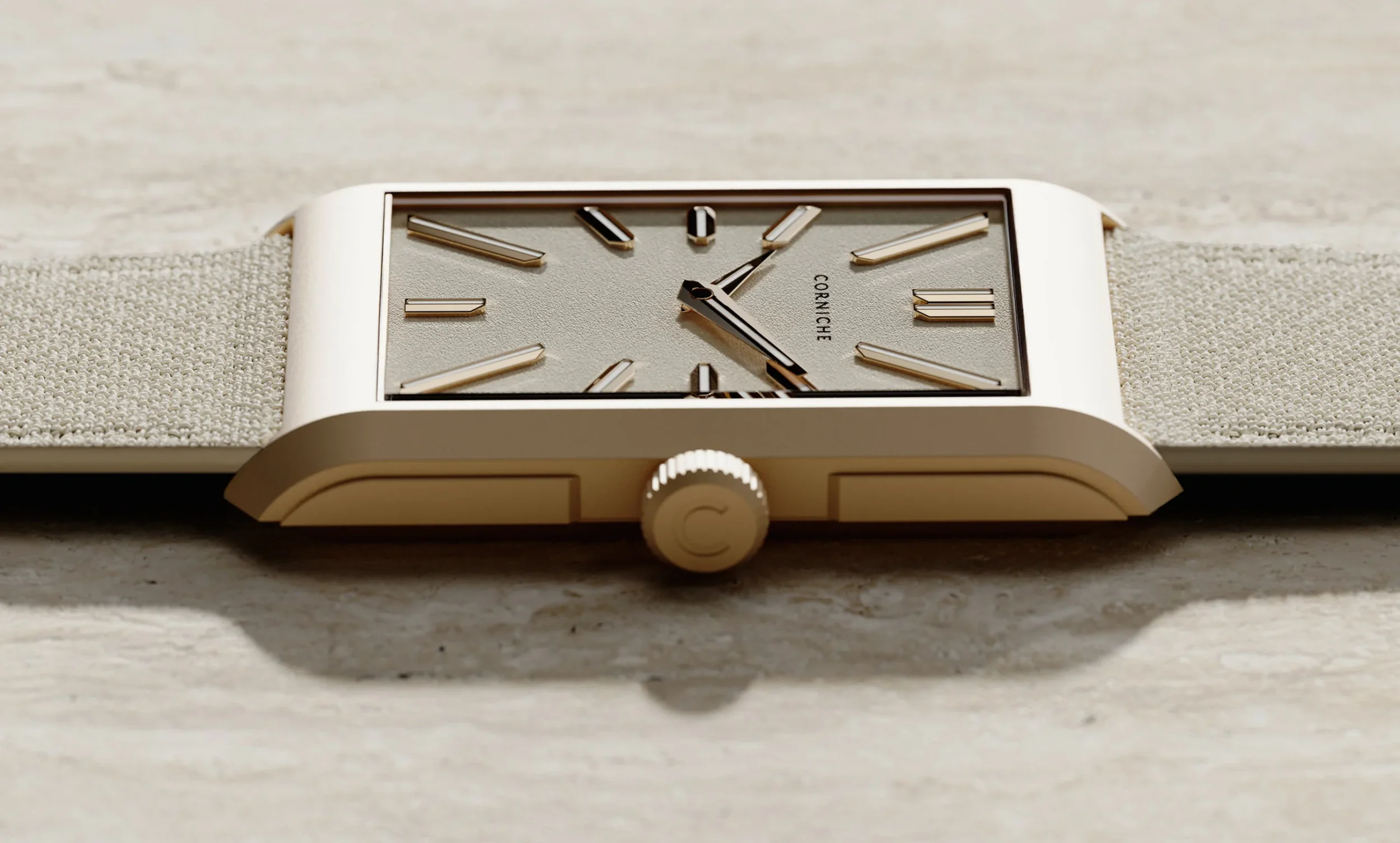 Corniche visionnaire Watch seen from the side, close-up with a gold sandblased case