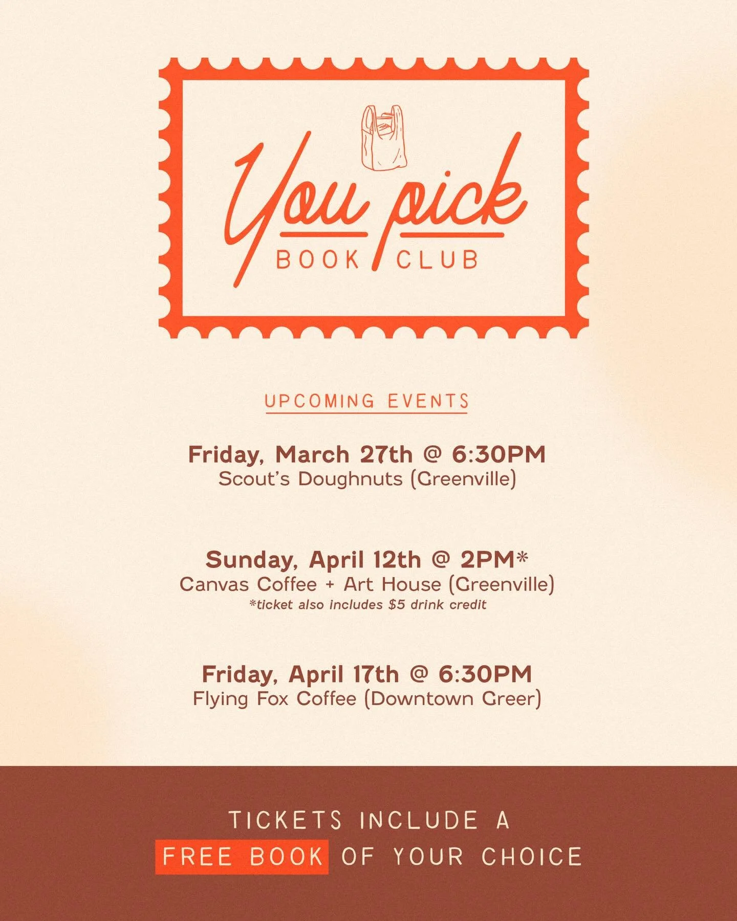 Hiiii Greenville Readers! 👋 We have several You Pick Book Club&rsquo;s coming up ☕️📚👀. Check out the dates below: 

📍March 27th at 6:30pm- @scoutsdoughnuts 
📍April 12th at 2:00pm- @canvas.coffee.art 
📍April 17th at 6:30pm- @flyingfox.coffee 

➡