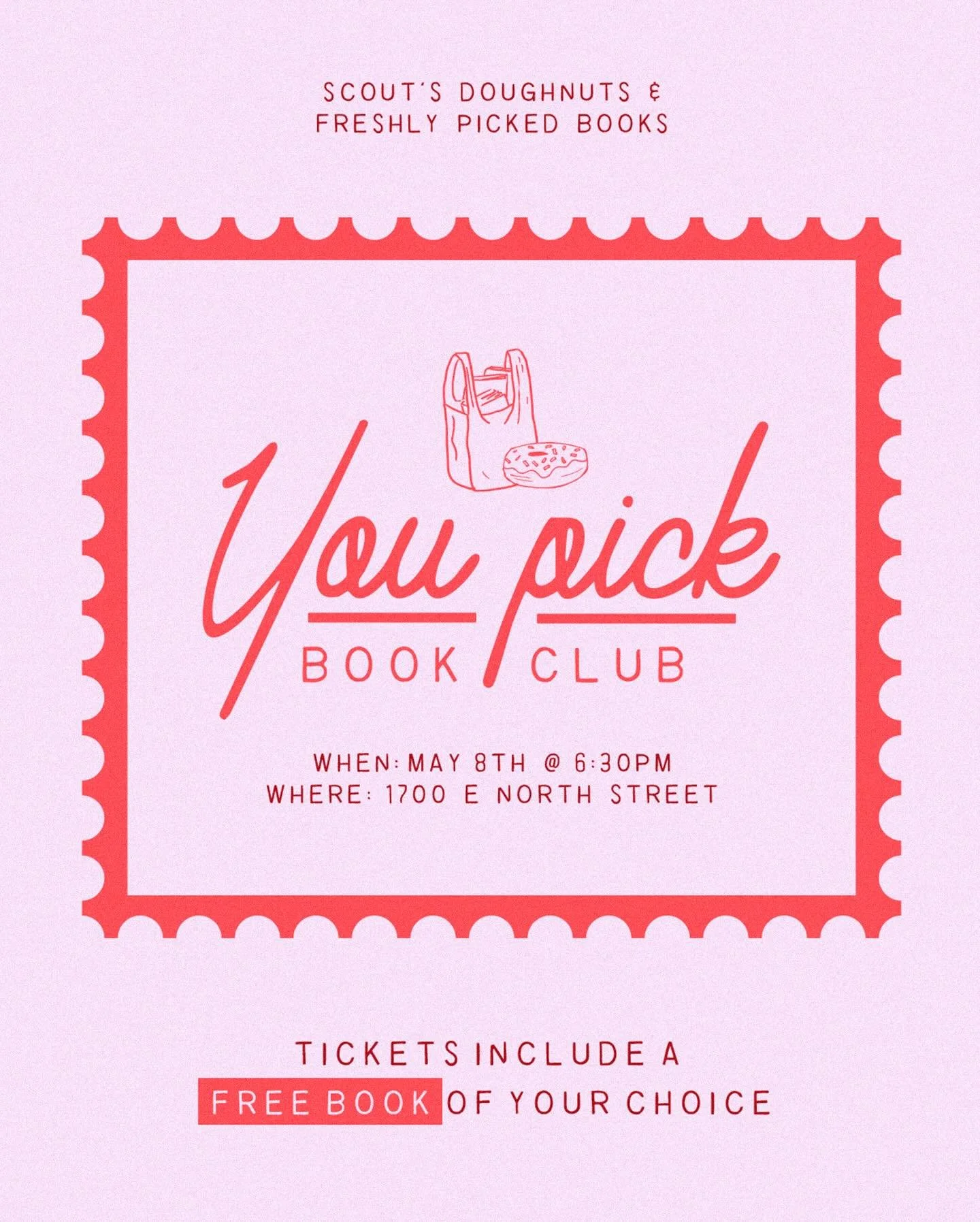 🚨ATTENTION READERS AND DOUGHNUT LOVERS!🍩📖☕️

Our next You Pick Book Club will be at @scoutsdoughnuts on May 8th @ 6:30pm. Come hang with other readers and get a sweet treat! 💞 We hope to see you there!

➡️Purchase tickets at the link in our bio⬅️