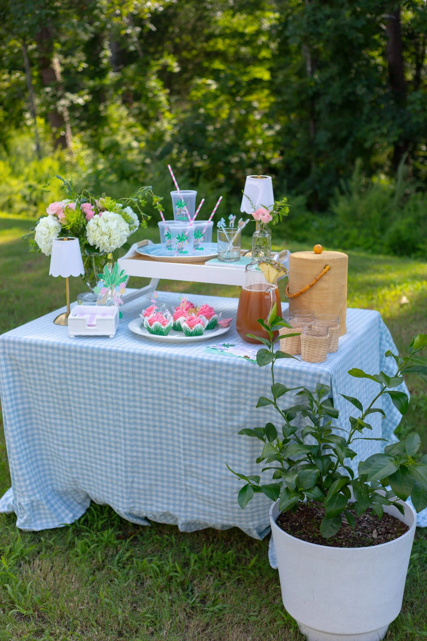 Outdoor table set for a garden party with pink and white cupcakes, drinks, floral arrangements, and party decor on a blue gingham tablecloth, surrounded by greenery.