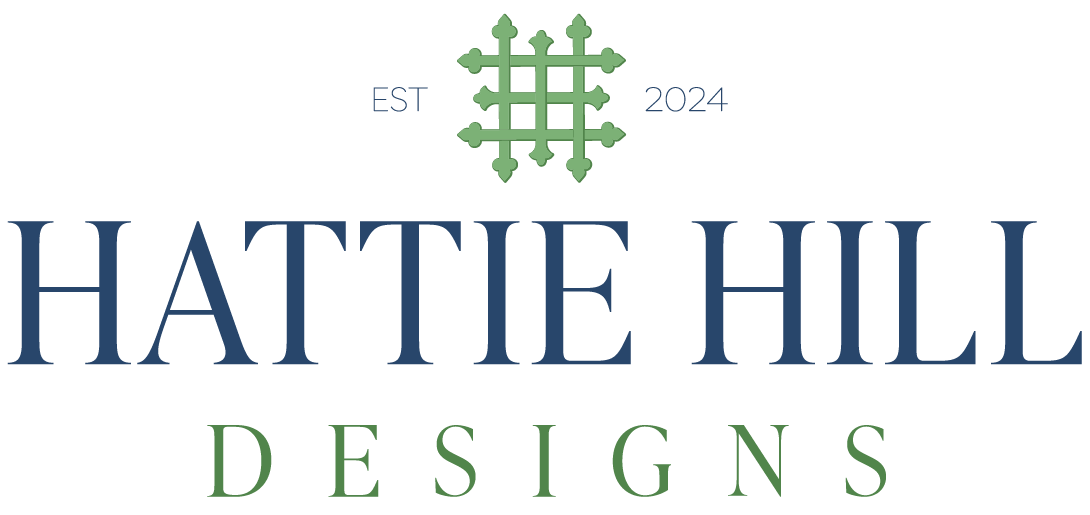 Logo for Hattie Hill Designs featuring a green decorative emblem, with 'EST 2024' and the company name in blue and green text.
