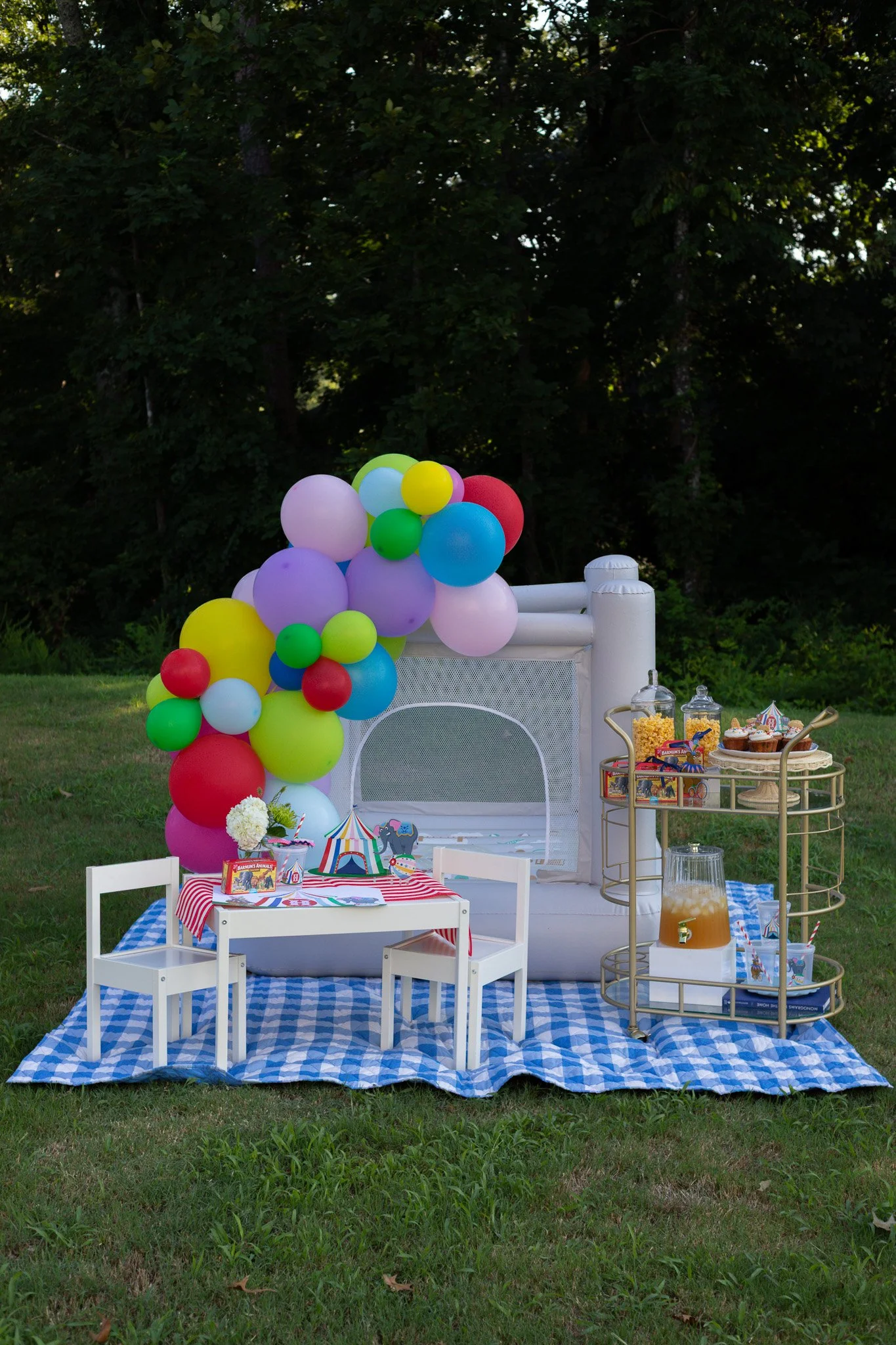 Barnyard themed outdoor celebration setup with colorful balloons, a small white table and chairs on a blue and white checkered blanket, a white playhouse, and a snack and drink station, with a grassy lawn and trees in the background.