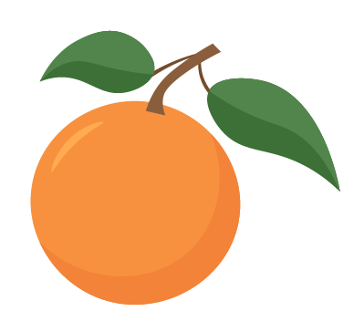 A digital illustration of a peach with green leaves and a brown stem.
