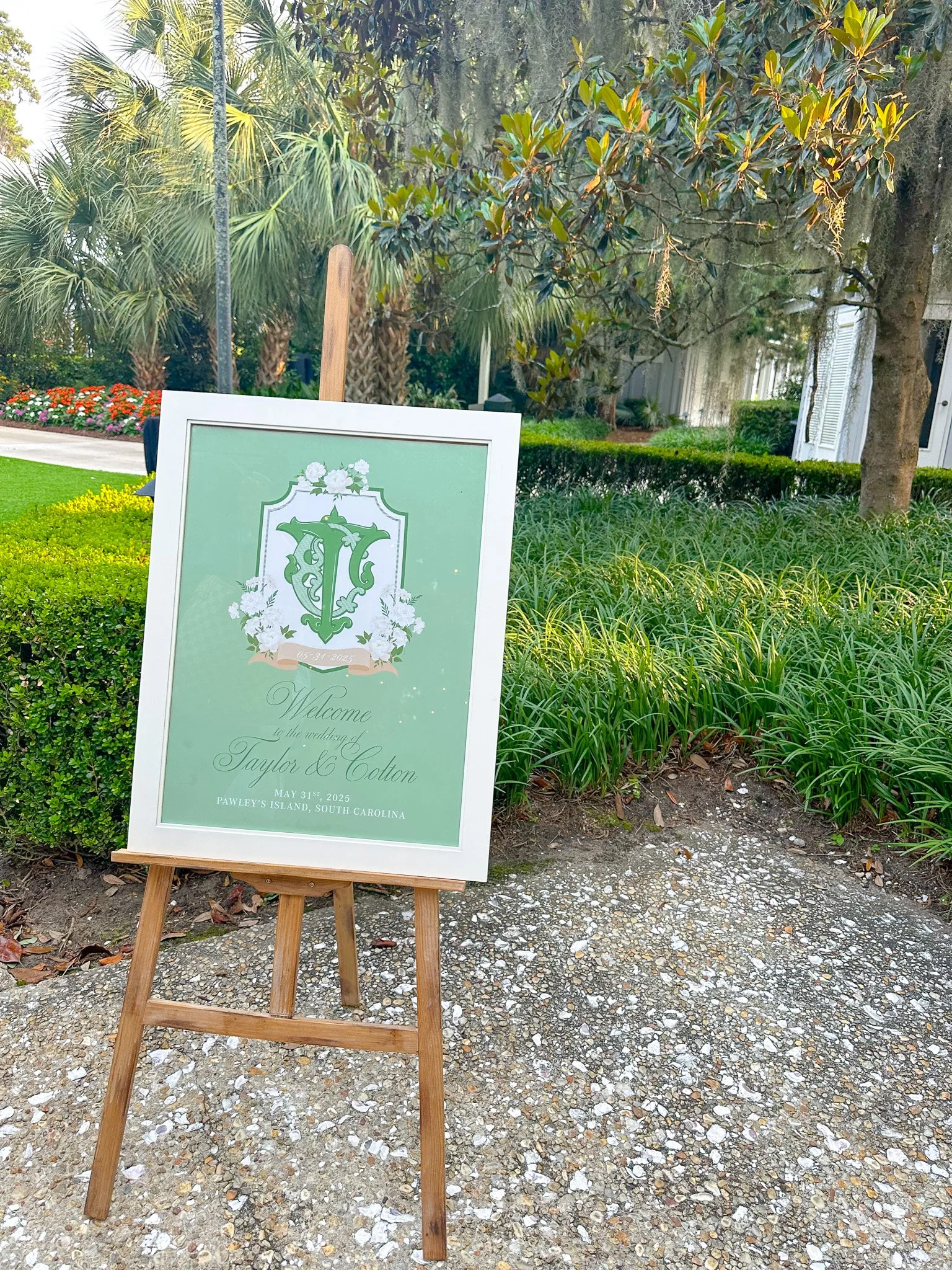 Welcome sign for the wedding of Taylor and Colton, dated May 31st, 2025, at Pawley's Island, South Carolina