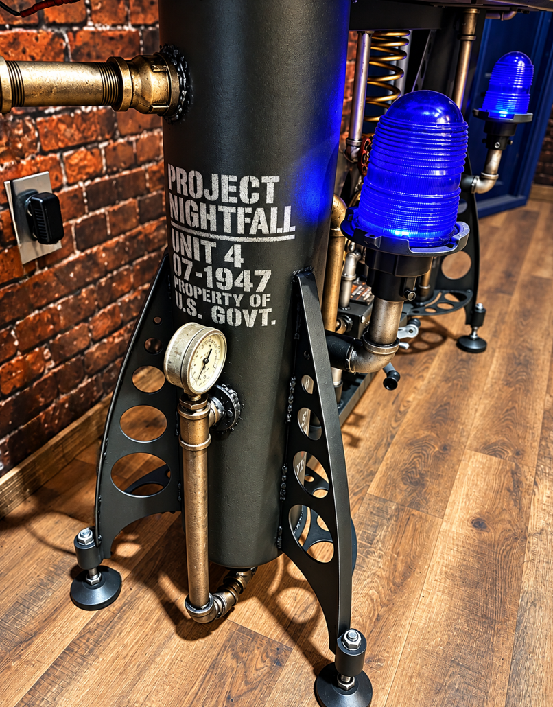 One-of-a-kind Area 51 steampunk console by Dean Furniture Artist, featuring vintage gauges, industrial pipework, illuminated cryogenic tanks, custom controls and an alien-inspired cryo chamber.