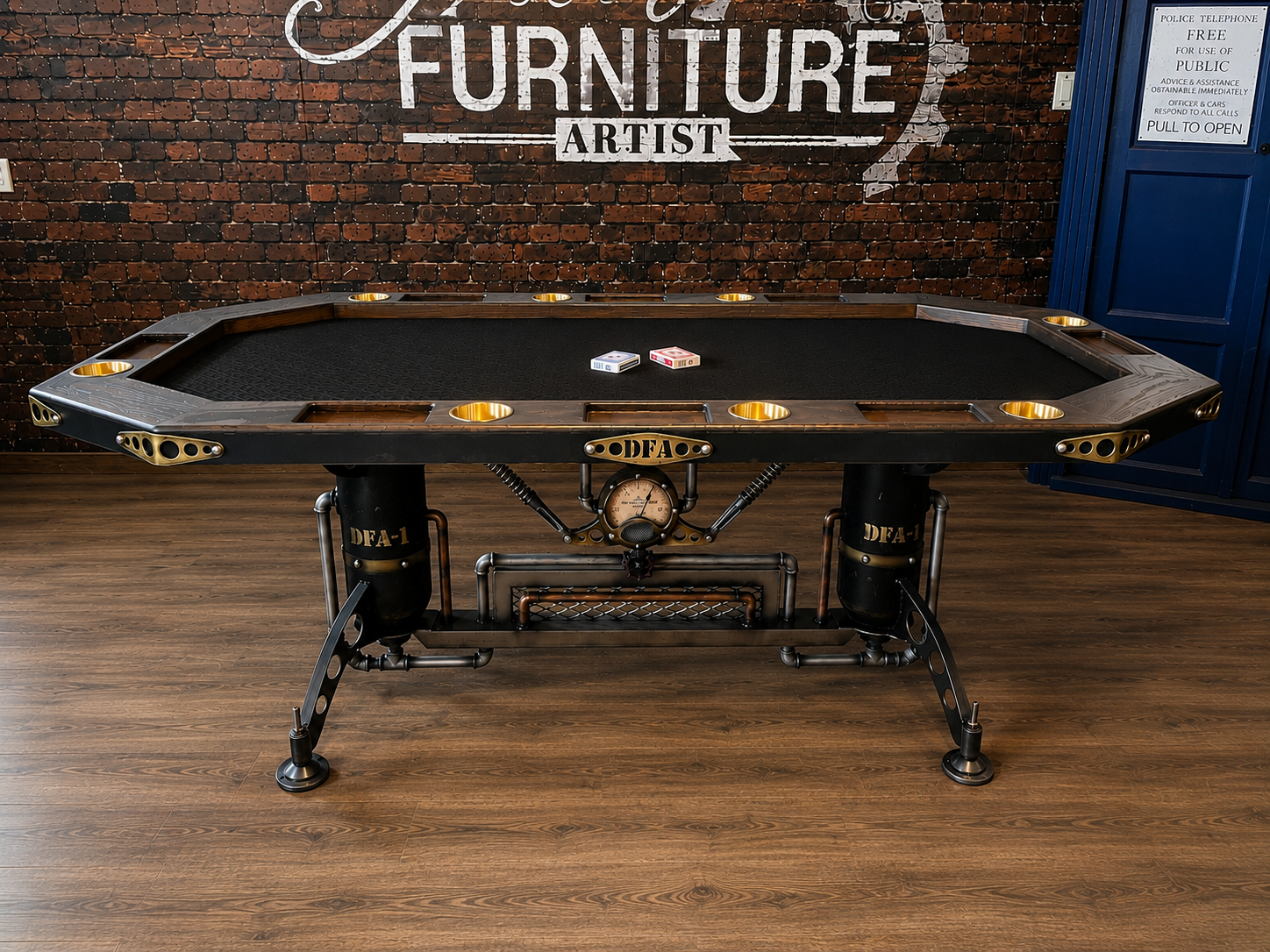 One-of-a-kind custom steampunk poker table by Dean Furniture Artist, featuring industrial tanks, steel pipework, a custom gauge, brass details and built-in cup holders.