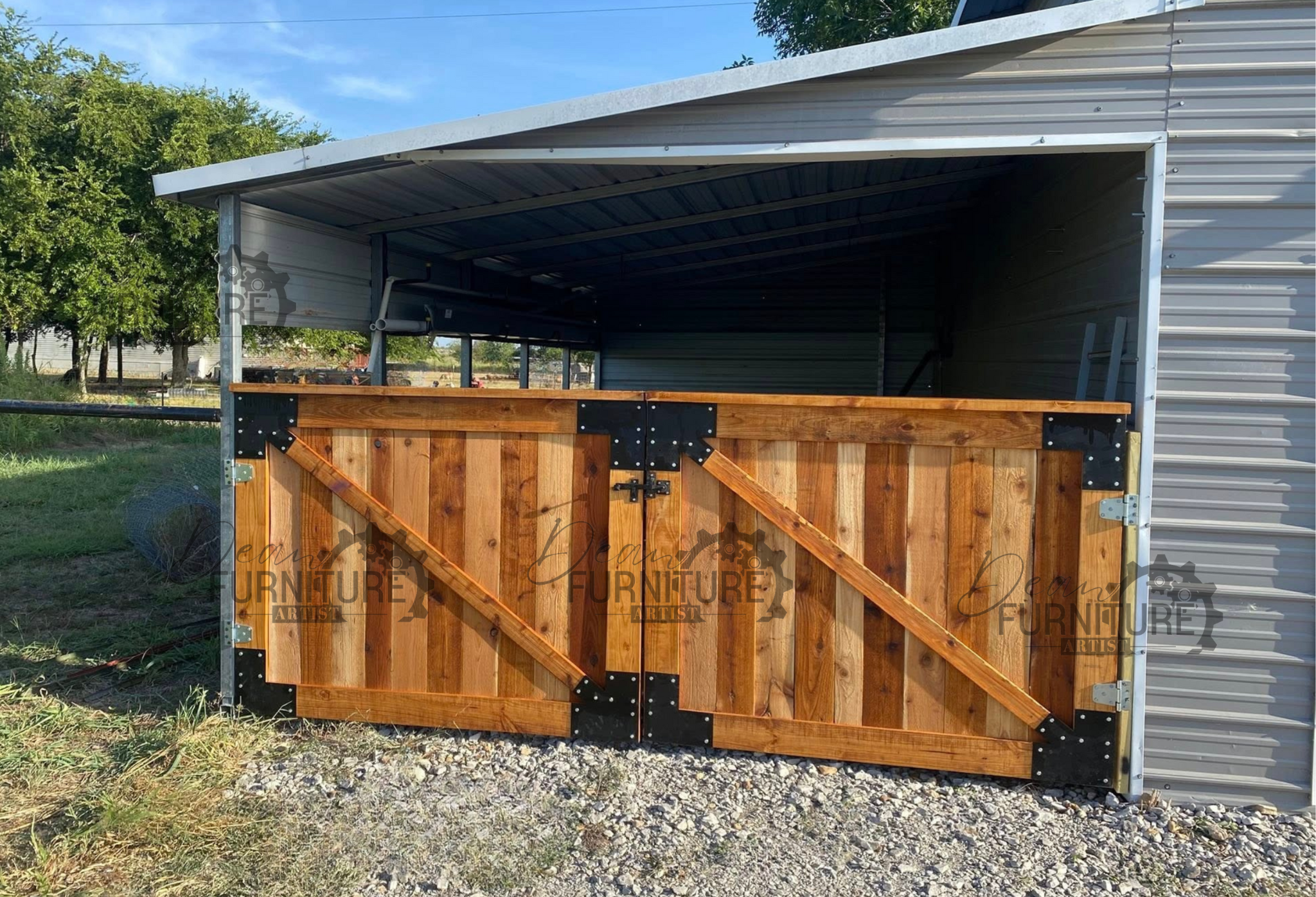 A pair of handcrafted cedar barn doors reinforced with custom industrial steel brackets. Built by Dean Furniture Artist in Texas for strength and rustic style.