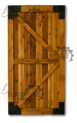 Vertical cedar barn door with double diagonal braces and heavy-duty steel corner brackets. Designed and built by Dean Furniture Artist for rustic, industrial style.
