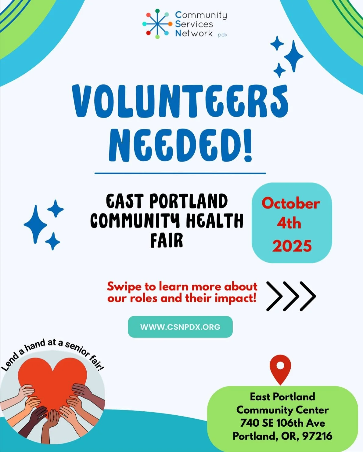 🌟 Volunteers make the magic happen! 🌟
The East Portland Community Health Fair is almost here, and we need amazing volunteers like YOU to make it a success! 🤗
This event is all about supporting seniors in our community and your time, energy, and he