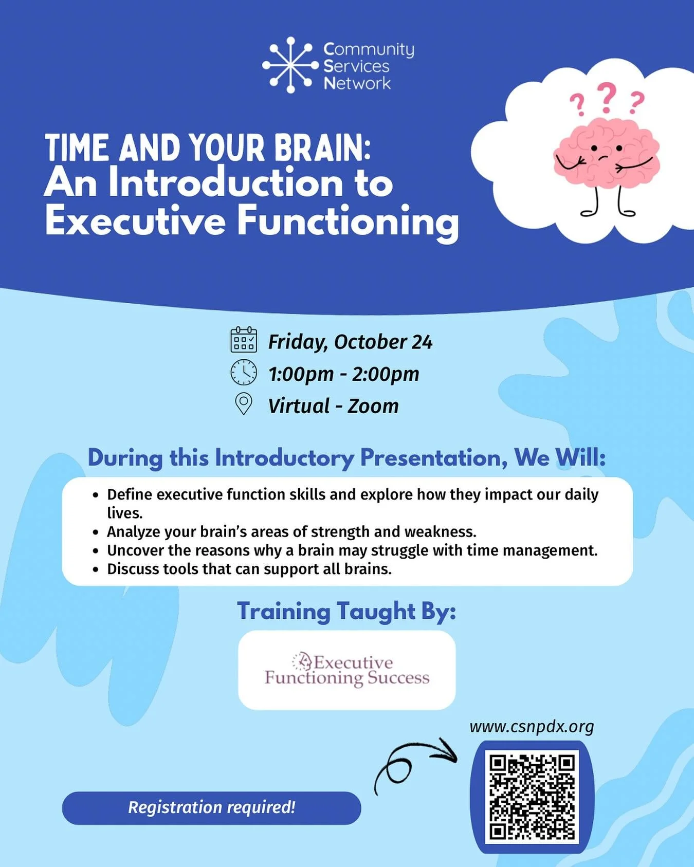 Time and Your Brain! Explore how your brain relates to time as well as time management solutions in this workshop taught by @executivefunctioningsuccess 

📆 Friday, October 24
⏰ 1:00 - 2:00pm
📍Virtual &mdash; Zoom! 

Registration is required so hea